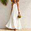 Rochie Maxi de Vară din In pentru Femei cu Gât Halter, Fără Mâneci, Linie A, Largă, Casual, Lungă, Rochie de Soare Floare pentru Plajă