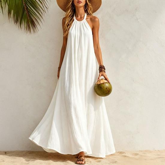 Rochie Maxi de Vară din In pentru Femei cu Gât Halter, Fără Mâneci, Linie A, Largă, Casual, Lungă, Rochie de Soare Floare pentru Plajă