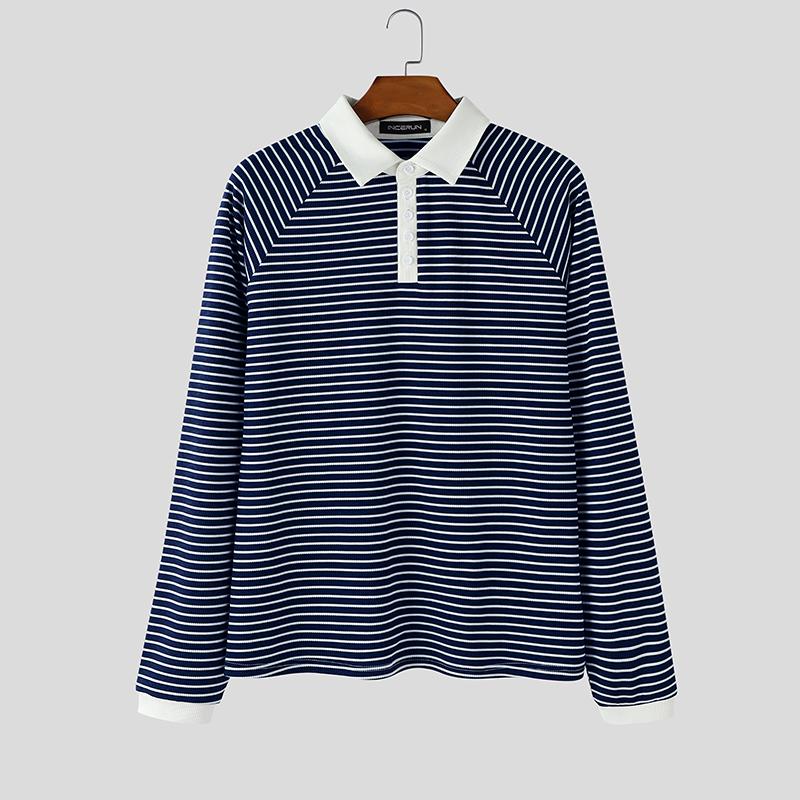 INCERUN Мужские футболки с длинным рукавом, полосатые, сшивные, Топы, Рабочая одежда L темно-синий