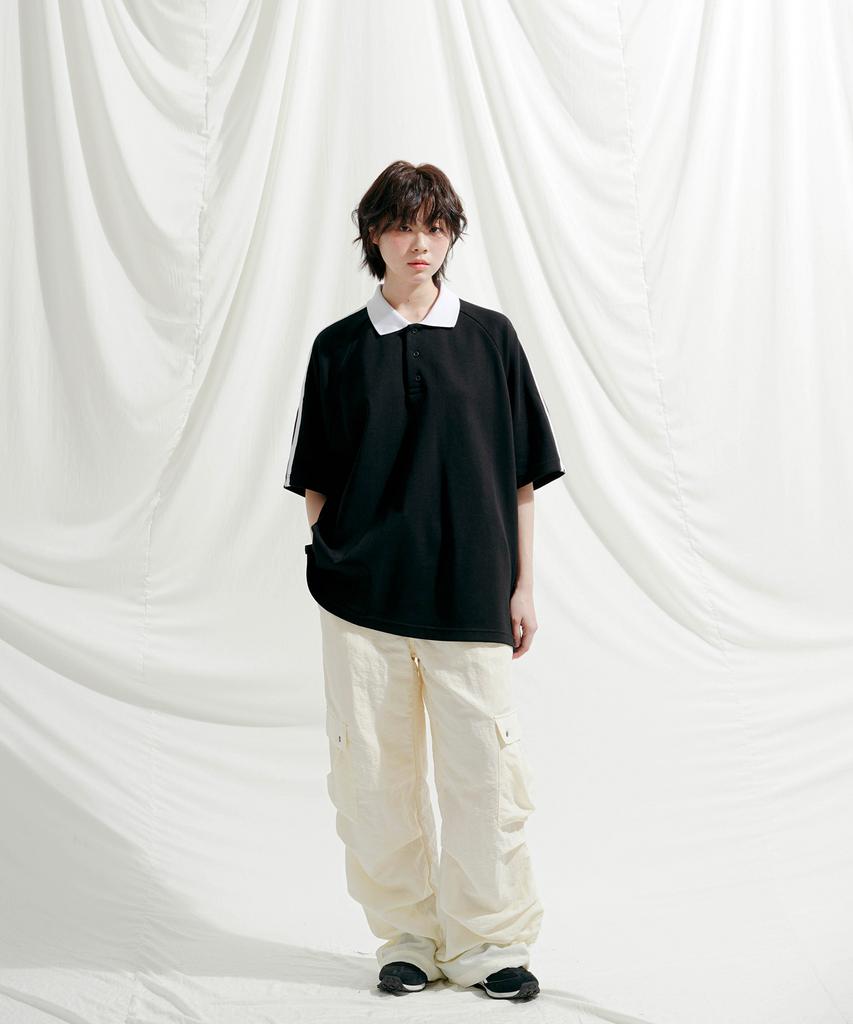 JEMUT Forward Oversized Collared Short Sleeve T-Shirt Black Oyst2559