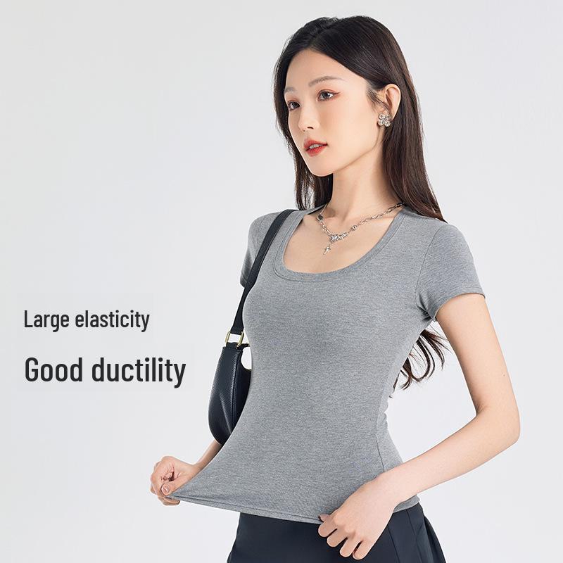 2025 Summer Slim Fit Women's Square Neck T-Shirt - Solid Color, Short Sleeves, Exposed Clavicle, Cotton Blend
