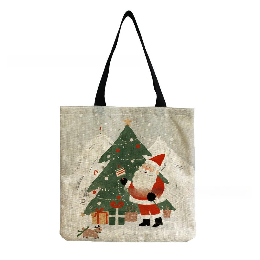 Women Vintage Linen Tote Bag - Large Capacity Christmas Print Shoulder Handbag for Casual & Grocery Shopping KTB