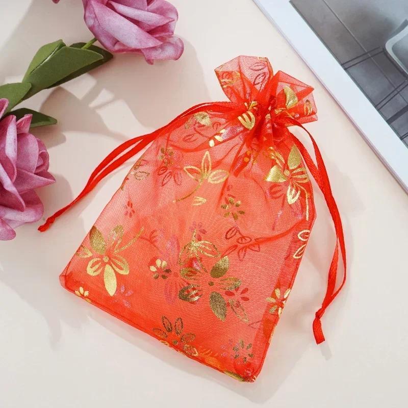 50piece Gold Stamp Rose Pattern Gauze Bag Colorful Pull Rope Self Sealing Storage Bags Candy Gift Accessory Package Jewelry Pouc