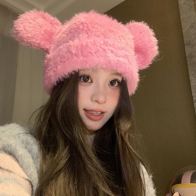 Furry Cartoon Bear Hat with Lovely Ear for Outdoor Sports Furry Hat with Ear Oversized Headgear Hat for Winter