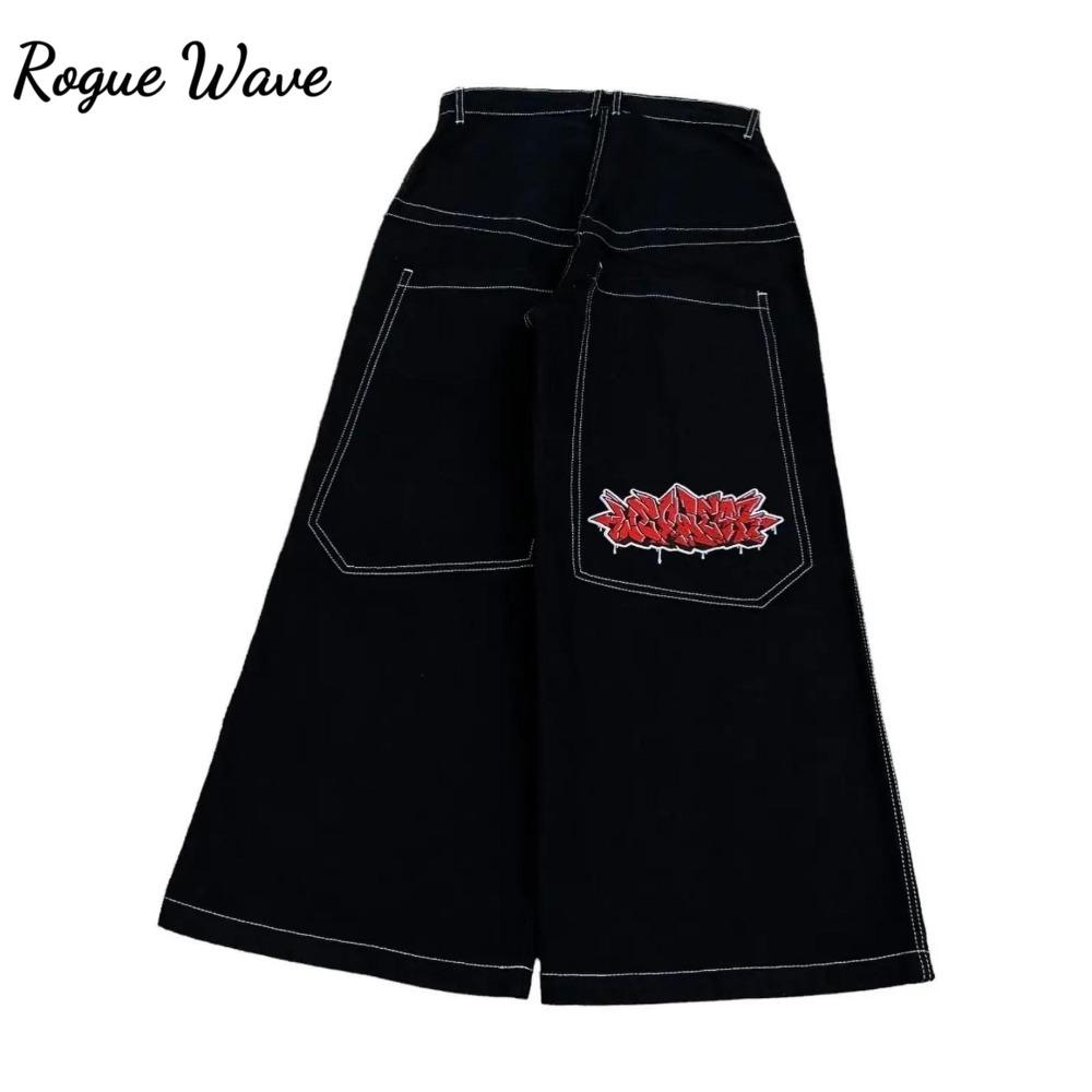 

RogueWave Хип-хоп Y2k Новый цвет Wexwear Вышитые Мешковатые Джинсы Уличная одежда Джинсы Мужские Женские Высокая посадка Широкие Брюки Харадзюку Черные Брюки S