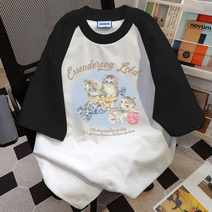 

Женская футболка большого размера из 100% хлопка высокого качества, летняя повседневная футболка с милым мультяшным принтом y2k, футболки с короткими рукавами и цветными блоками, женская уличная одежда M серый