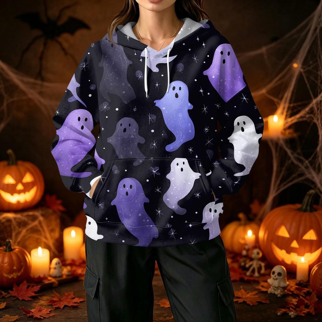 Women's Casual Halloween Print Hoodie with Front Pockets