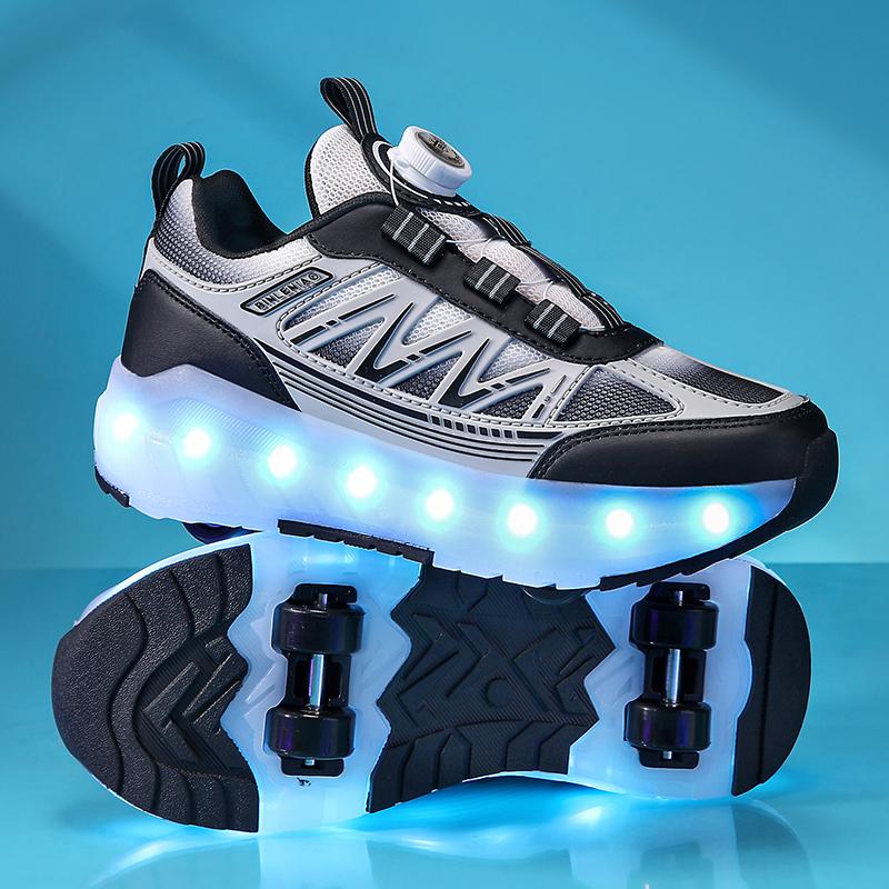 Chaussures de Sport à Lumières pour Enfants Chaussures à Roulettes Chargement et Démontage Chaussures à Roulettes à Quatre Roues LED Baskets Lumineuses pour Enfants