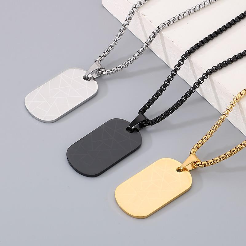 Punk Stainless Steel Square Pendant Necklace for Men Simple Stone Pattern Dog Tag Accessories Personalized Trendy Jewelry