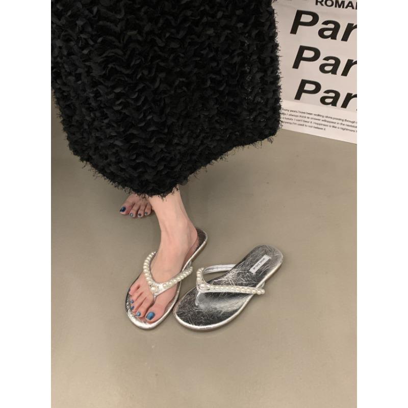 

Мода Новый Стиль Пляжная Обувь Низкие Женские Шлепанцы Слайды Резиновые Вьетнамки Стринги Бусины Плоские Гавайские Блестящие ПУ Копыто Каблуки Тканевая Обувь 40 серебряный