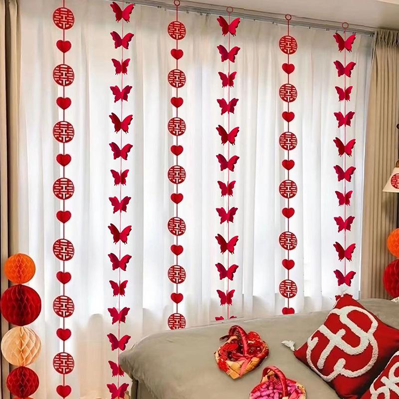 Wedding Curtain Decor: Butterfly Pull Flowers & Double Happiness Strip for New Home or Bedroom