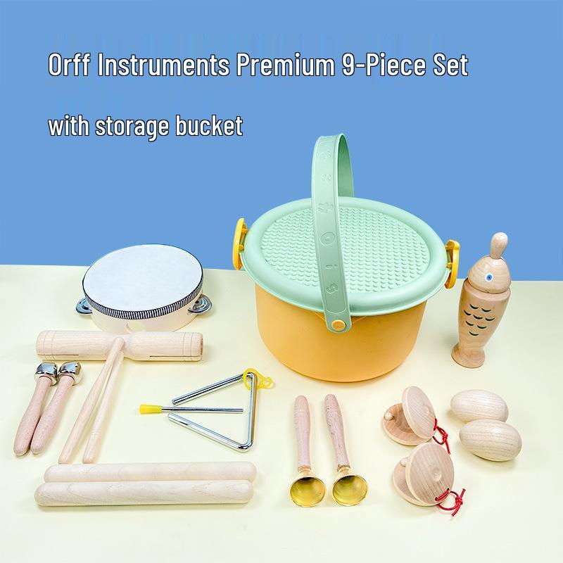 Children's Orff Percussion Instruments: Triangle, Castanets, Maracas, Tambourine, Wood Block, Cymbals