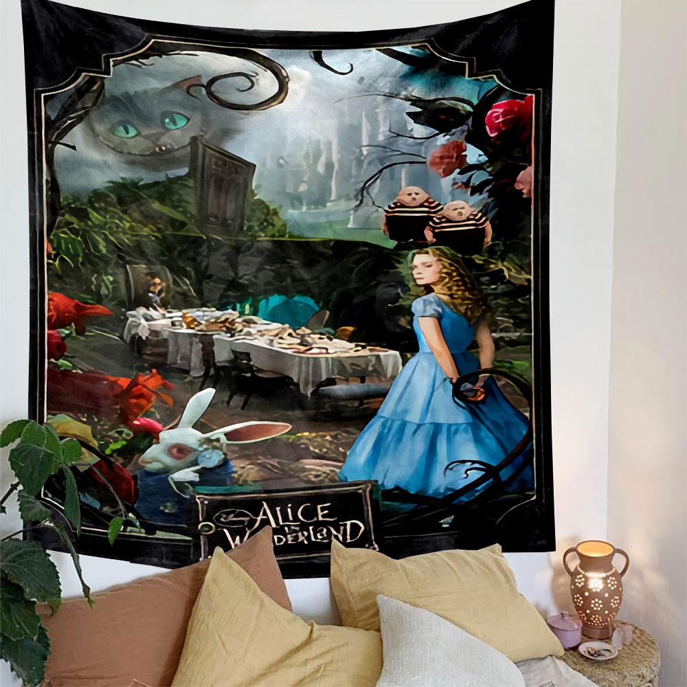 Alice in Wonderland Movie Poster Tapestry Wall Hanging, Tim Burton Fantasy Film Art, Whimsical Wall Decor for Bedroom Living Room Dorm