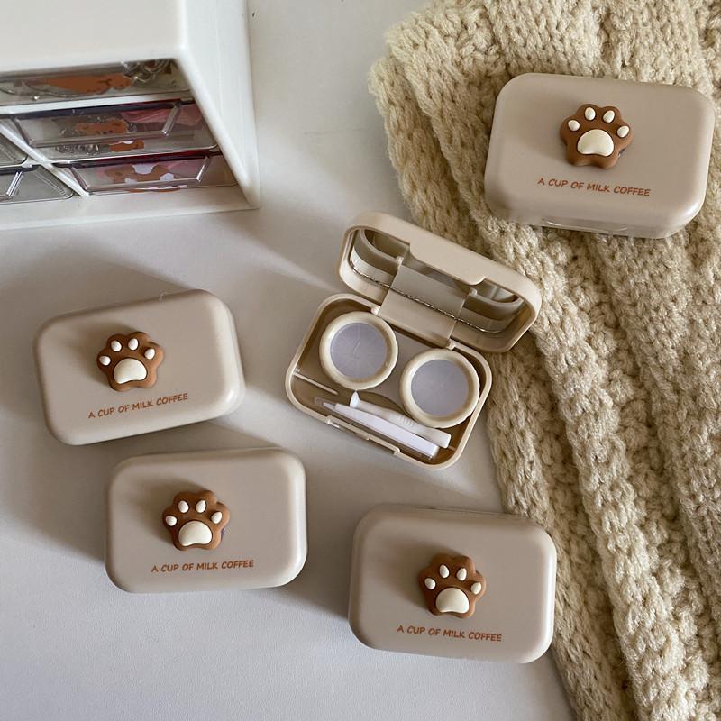 Women Portable Travel Set Color Contact Lenses Storage Box Milk Tea Frosted Lens Container Small Cat Paw Contact Lens Case