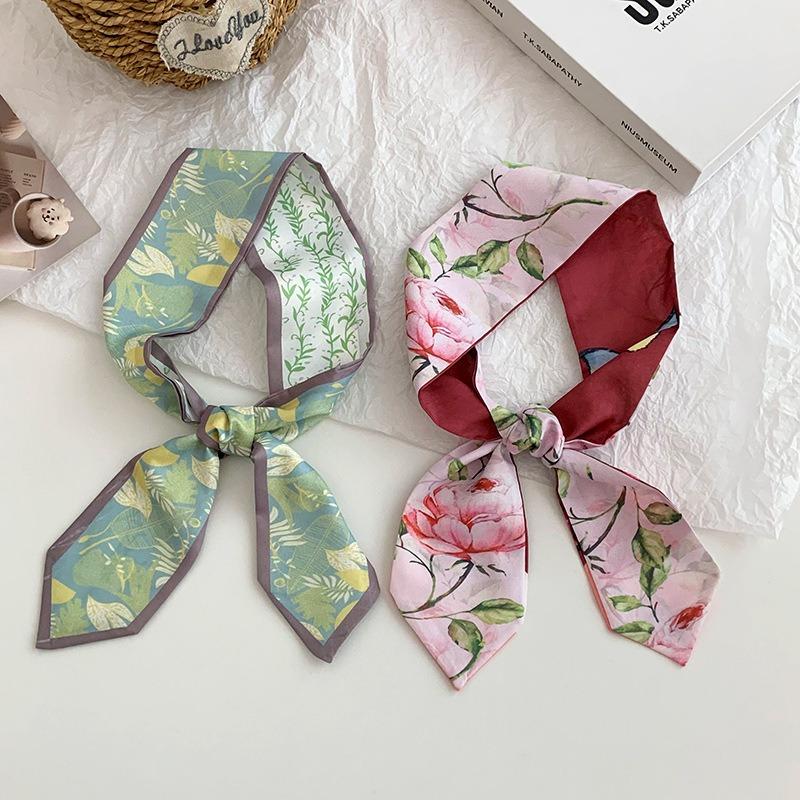 Silk scarf long strip high sense summer new oil painting style versatile floral scarf headscarf headband hair tie bag streamer