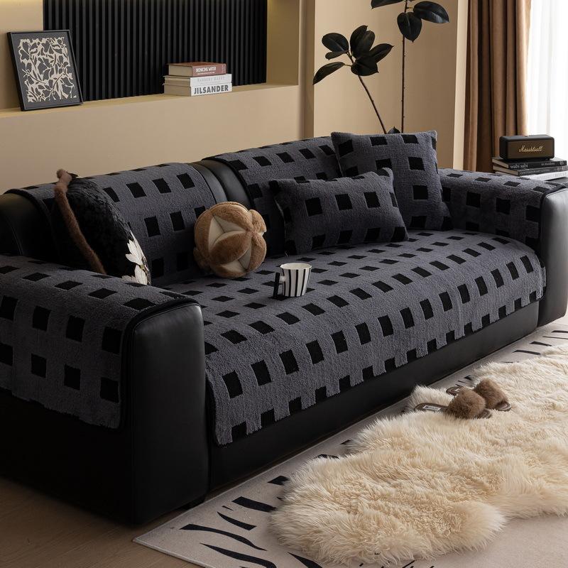 

New Plush Sofa Cushion Autumn And Winter Straight Row Leather Sofa Fixed Non-Slip Cushion Thickened Plush Blanket Cover 70*70cm