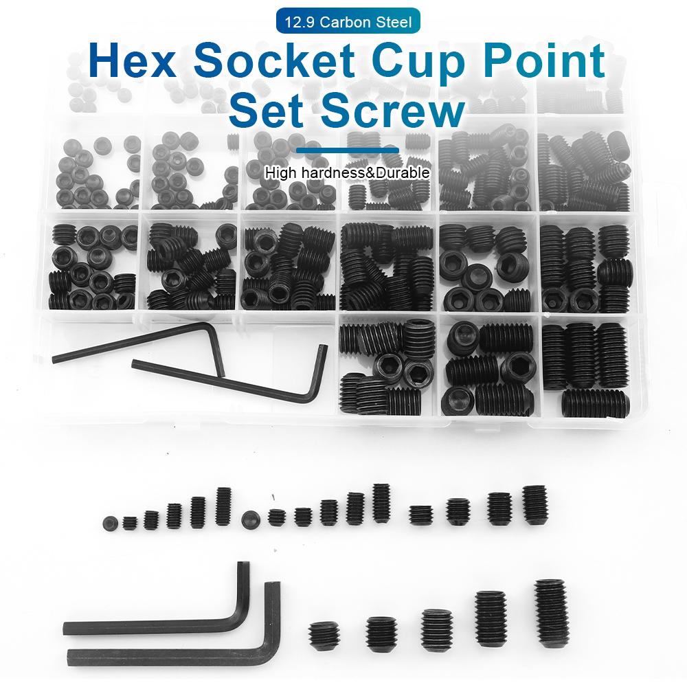 NINDEJIN Hex Socket Set Screw Kit Cup Point Carbon Steel Stainless Steel Flat Point Headless Grub Screw Assortment Kit