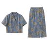 Set Gonna Denim Stile Cinese alla Moda Donna Estivo Stampa Floreale Completo Due Pezzi con Bottoni Nodo