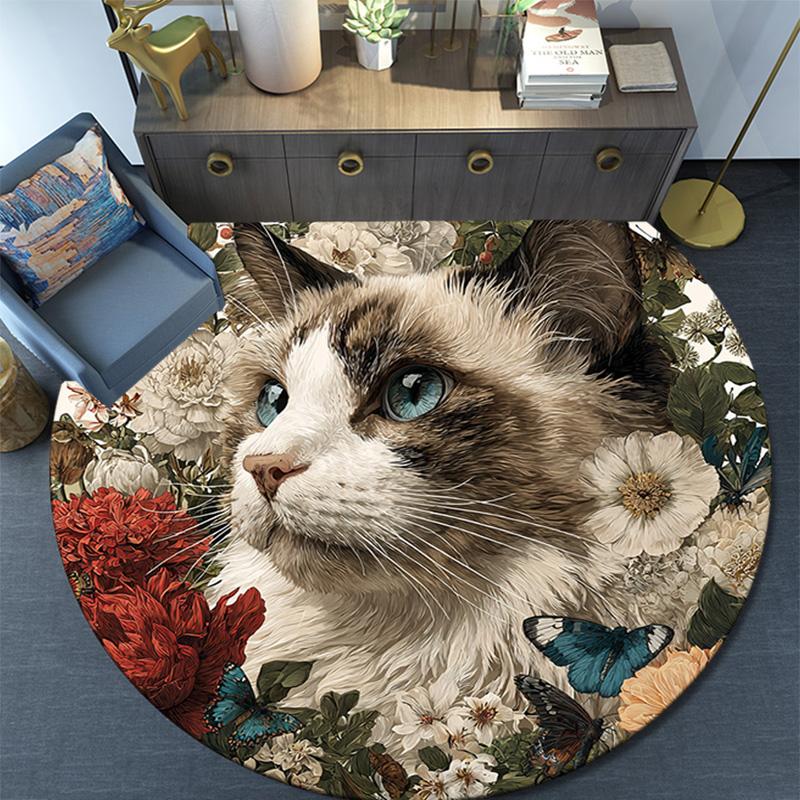 Cat in Flowers Round Area Rug,Carpet Rug for Living Room Bedroom Sofa Playroom Decor,Non-slip Floor Mat
