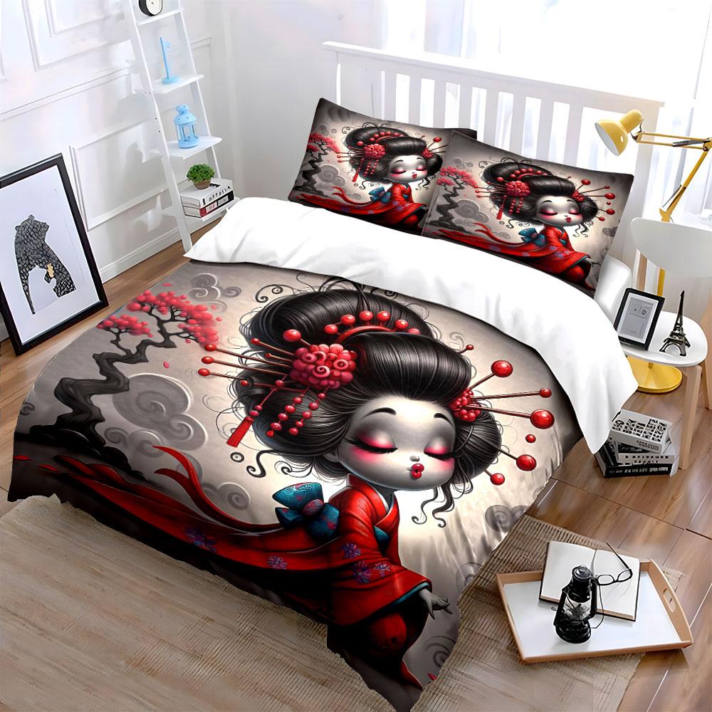 "Geisha Style Art Decoration Set" Soft Skin-Friendly Bedding Set Includes 1 Duvet Cover And 2 Pillowcase Gift