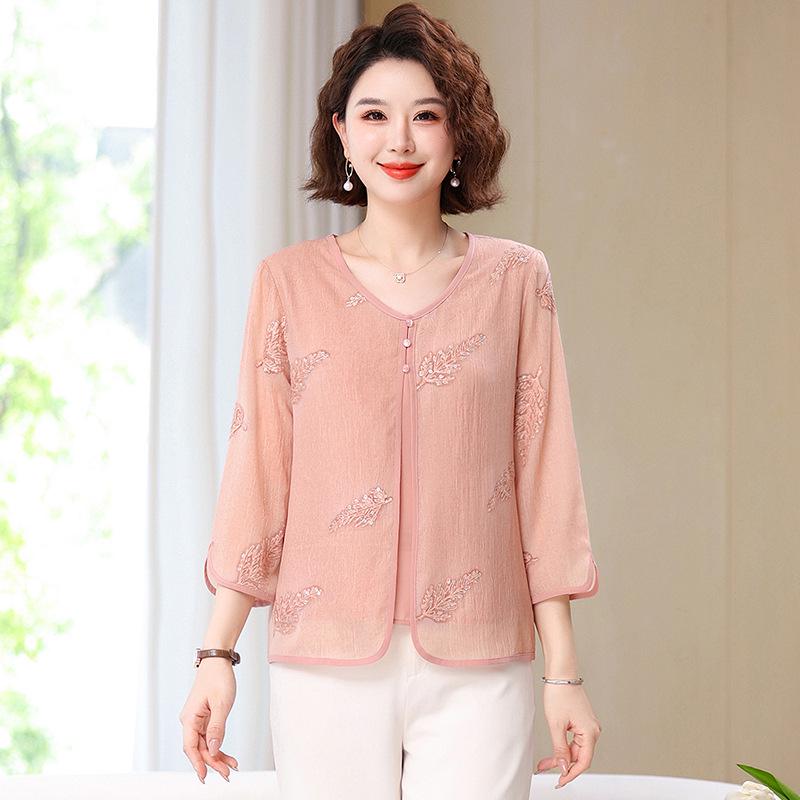 2026 Elegant Summer Chiffon Top - New Chinese Style Short-Sleeve for Stylish Middle-Aged and Elderly Women