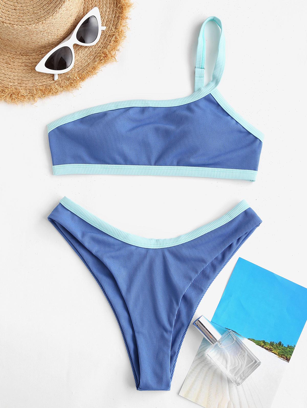 

ZAFUL Контрастные ребристые купальники бикини L светло-синий