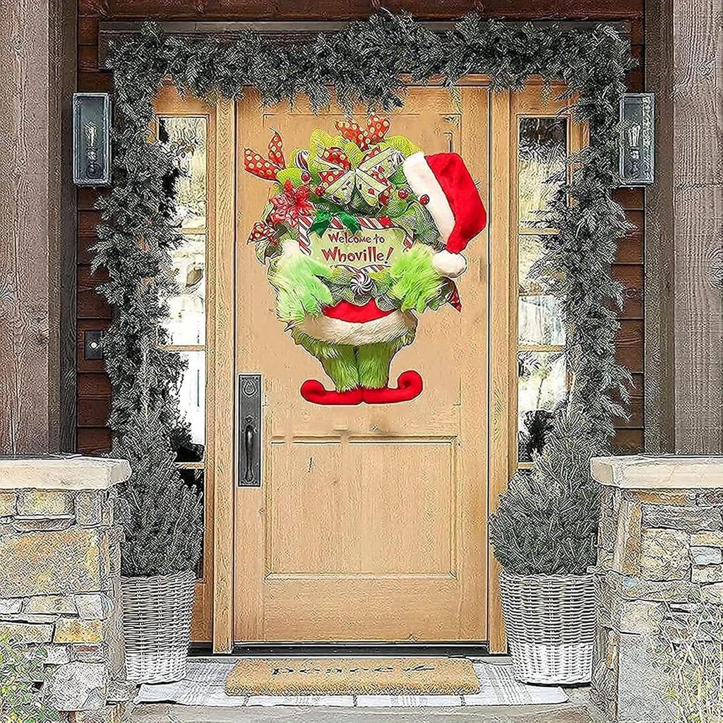 Green Elf Legs Christmas Wreath, Welcome Sign Hanging On The Front Door for Holidays, Indoor and Outdoor Home Decoration