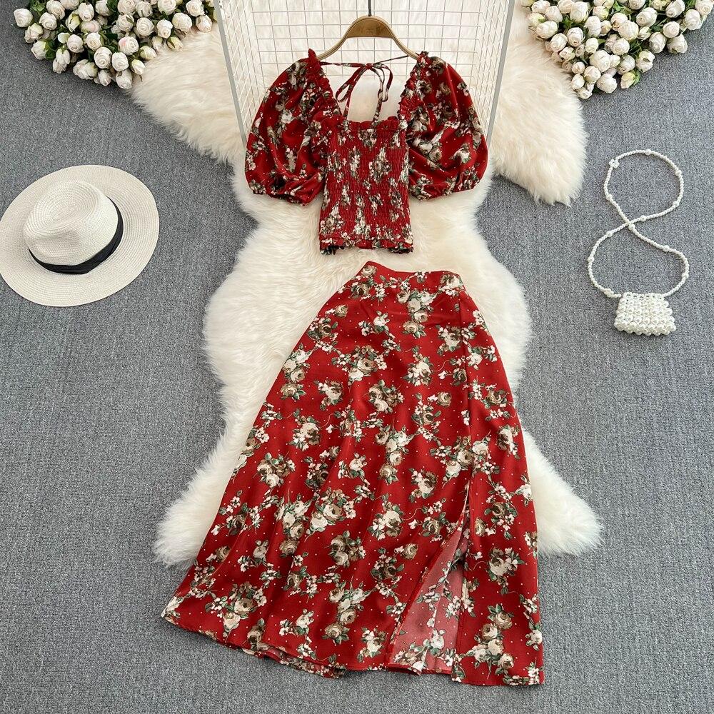 Seaside Holiday Suit Women's Neck Slim Short Top Two Piece Set High Waist Floral Split Skirt Summer New