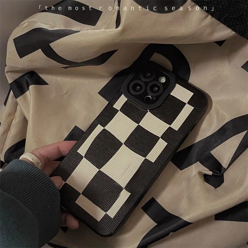 Vertical Leather Shell Chessboard Printed Patterned Shockproof Soft Silicone Case with Camera Lens Full Protection for iPhone Samsung