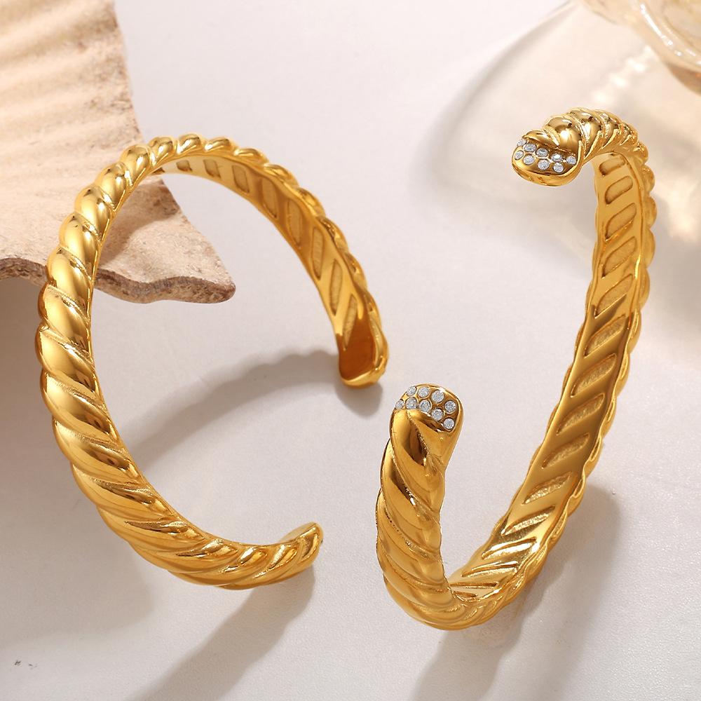 Bracelet Ouvert Torsion Texturé Mode Bracelet Diamant Plaqué Or Acier Inoxydable Bijoux