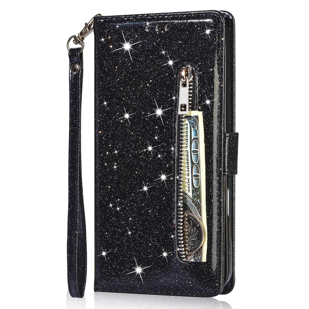 For iPhone 16 Plus Stand Case Glitter Phone Leather Cover Zipper Pocket
