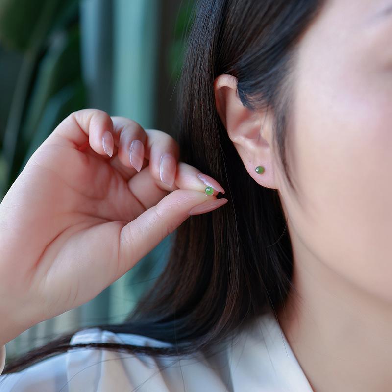 Natural Jade Round Bead Earrings: 928 Sterling Silver Gold-Plated Luxury Hook Dangles - Fashionable Gift for Her
