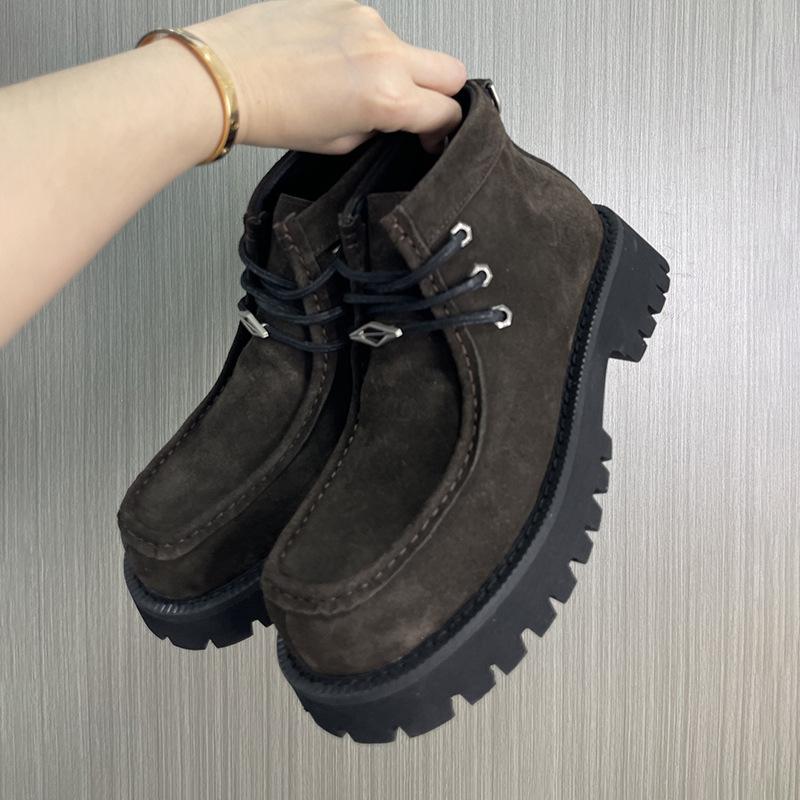 Nya Produkter Dam Derby-skor Läder Brun Mocka Rund Tå Snörning Tjock Sula Mångsidig Loafer För män