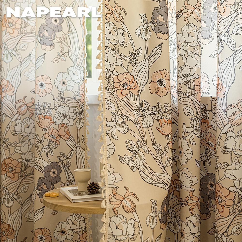 1PC NAPEARL French Retro Floral Printed Curtains Pastoral Style Tassel Edge Semi Blackout Curtains for Bedroom Living Room Window Home Decor