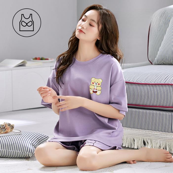 

літо з нагрудником Піжамний набір для жінок бавовна Мультяшний принт Футболка з коротким рукавом+Шорти Одяг для сну жіночий Повсякденний домашній одяг XXL