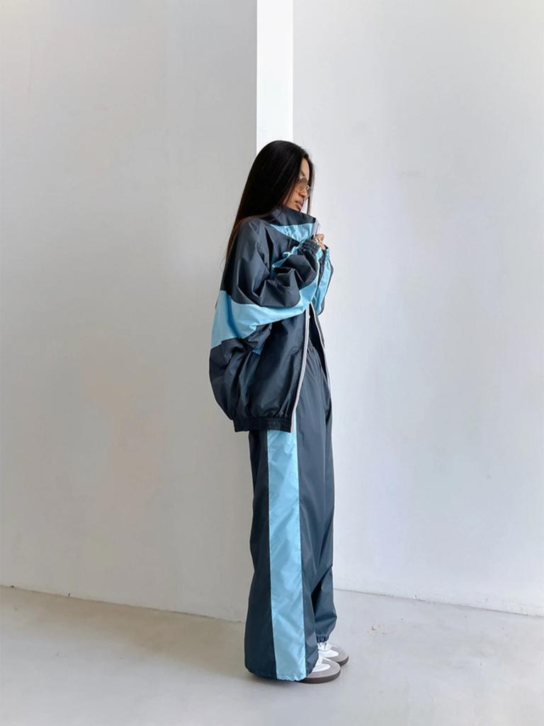 Women's Casual Suit, Stylish Loose Color-blocked Long-sleeved Zip-up Cardigan, Color-blocked Top And Trousers, Sportswear Set