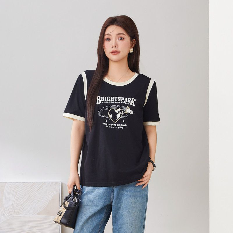 

Caidoble Plus Size Women s Clothing Contrast Color Slimming Printed Tops Plus Size Ladies Summer New Loose round Neck Thin Anti-Mite T-Shirt Black Pre-Sale L