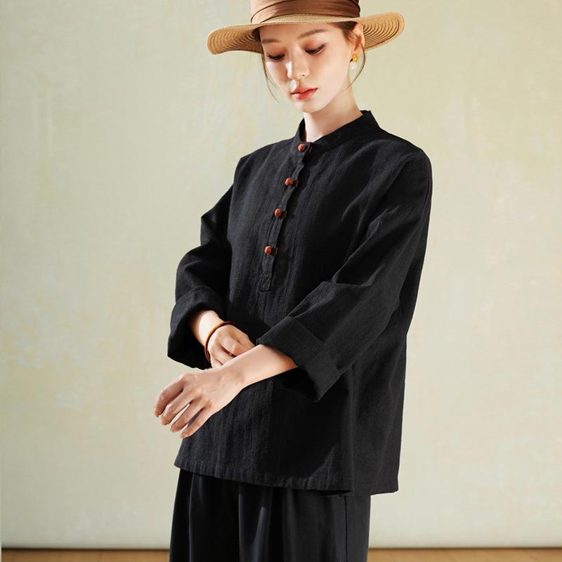 

Женский ретро топ из хлопка и льна со стойкой и застежкой на пуговицы-лягушки - Весна 2025 One Size