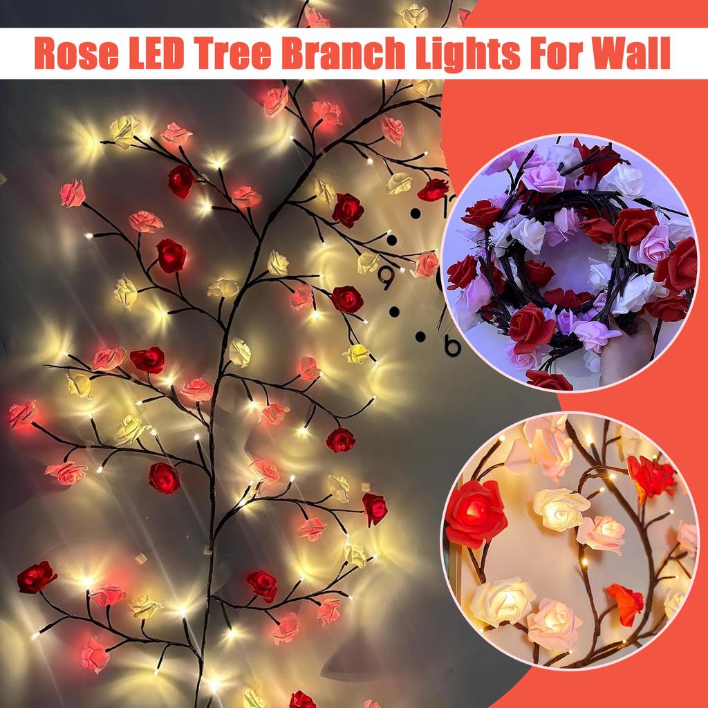 Rose LED Zweiglichter für die Wand, Rose Blumengirlande Zweigdeko Girlande mit 144 LED Lichtern und Fernbedienung, 8 Beleuchtungsmodi, Weihnachtsdekorationen Innen