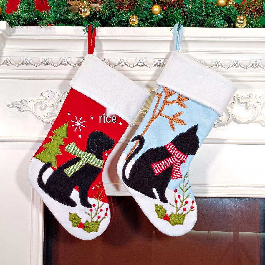 Christmas 2025 Cartoon Cat & Dog Embroidered Stockings Gift Bags