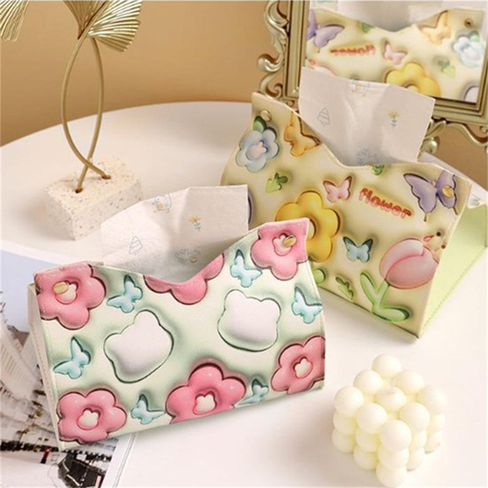3d Visual Effect Flower Printed Tissue Box Ins Style Paper Napkin Case Cute Pu Leather Home Car Paper Storage Boxes Girls Gifts