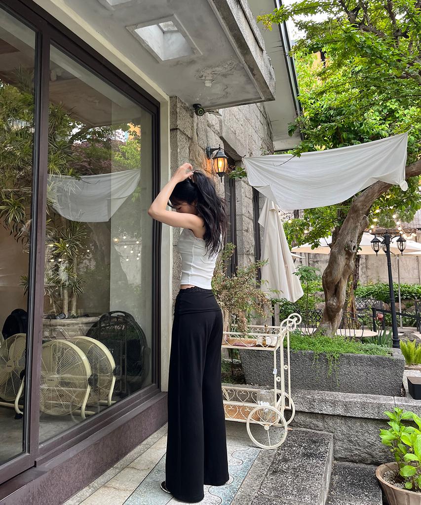 ALIENAR Lace Trim Silhouette Folding Pants (Bk)