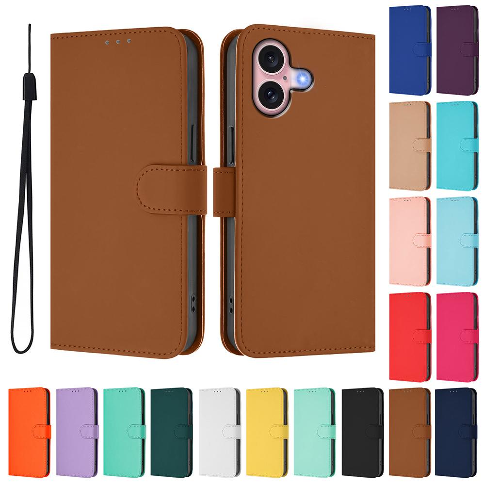 Solid Color Wallet Case for iPhone 16E 13 12 Mini 11 Pro Max XR SE 6 6S 7 8 Shockproof Kickstand Card Holder Strap Phone Cover