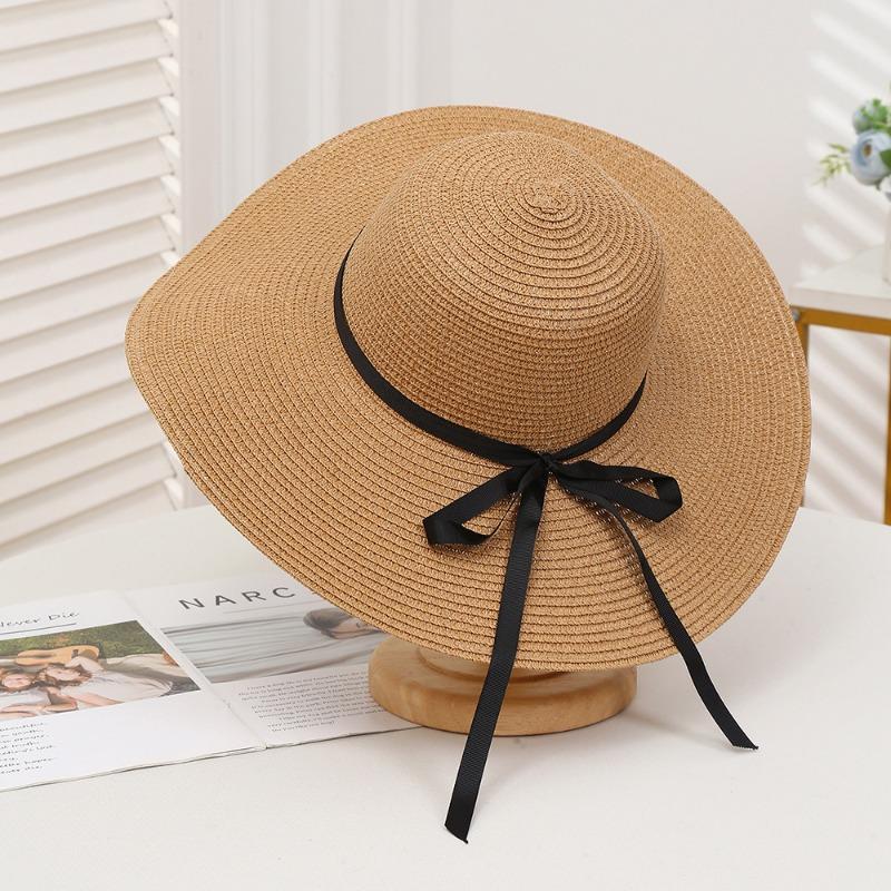 Summer Bow Sun Hat Female, Seaside Beach Vacation Sun Hat Outdoor Big Brim Sun Hat Sweet Straw Hat