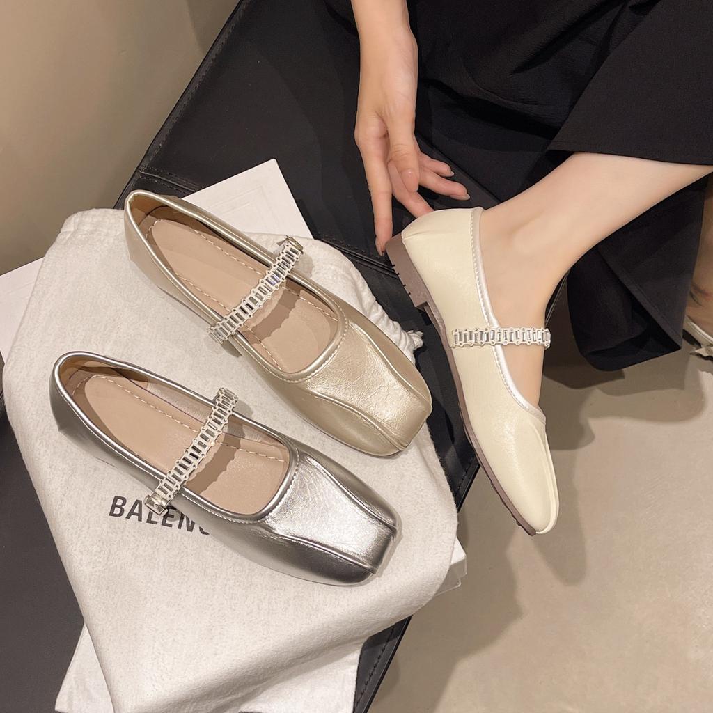 Temperament Square Head Rhinestone Light Mouth Word French New Versatile Silver Single Shoes Women's 2025 Summer Mary Jane Small Leather Shoes