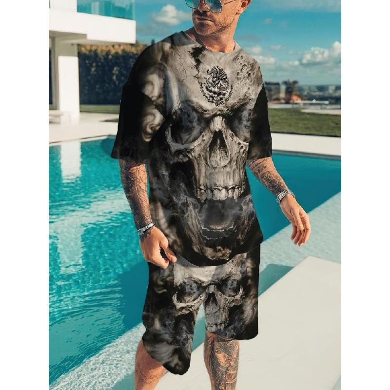 Fashion Casual Vacation Summer Men's Suit Skull 3D Printed Sportswear Short-sleeved Suit Oversized Round Neck T-shirt Shorts 2-piece