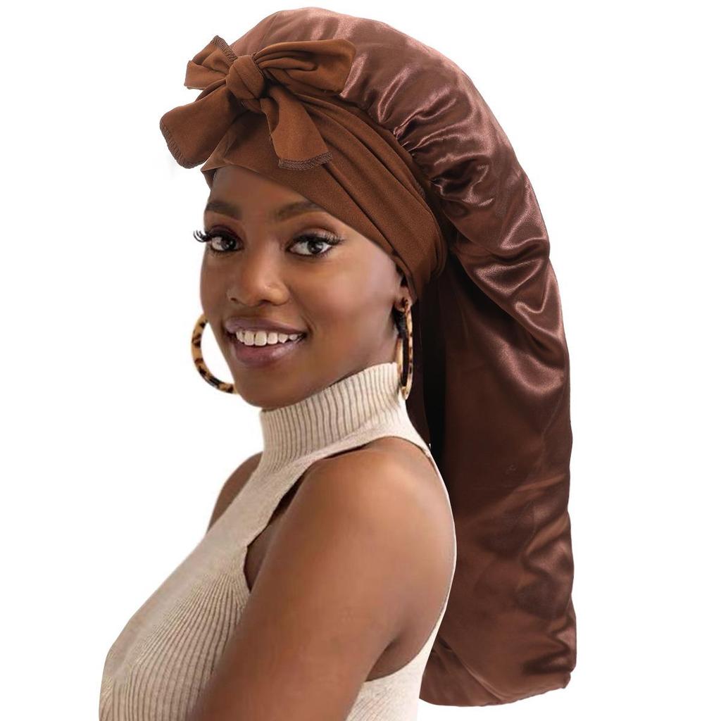 Bowknot Long Tail High Elastic Satin Sleep Cap and Bath Cap