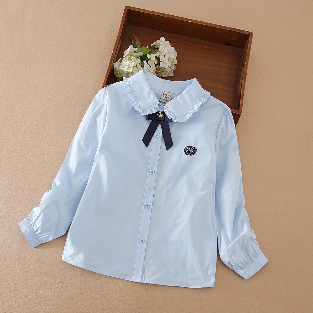 Girls Ruffle Collar Shirt 5-12 Years Long Sleeve Bow Tie Kids School Uniform Blouse Polyester Children Daily Tops