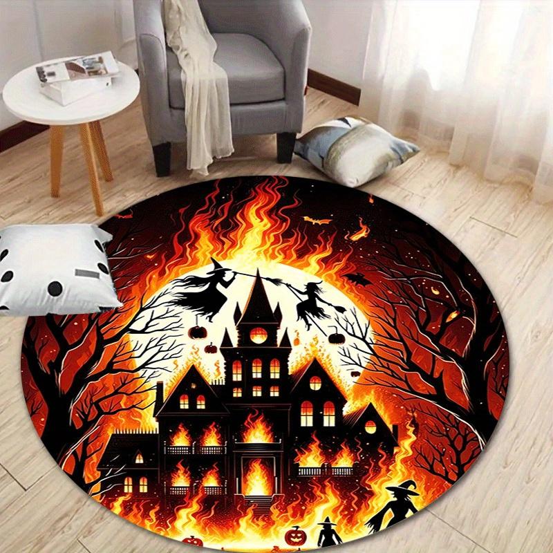 

1pc Soft, Absorbent & Non-Slip Burning Pumpkin Castle Round Rug, Perfect for Entryway, Living Room, Bedroom Decor, Machine Washable Flannel 80cm by 80cm