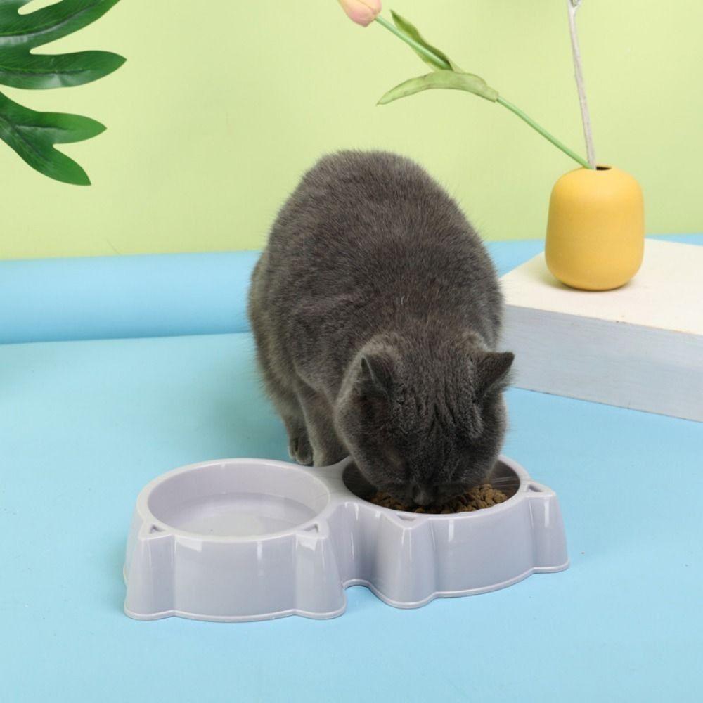 Pet Cat Double Bowl Eco-friendly PP Material Cartoon Cat Face Shape Food Water Feeding Bowl Non-slip Puppy Cat Feeder Supplies